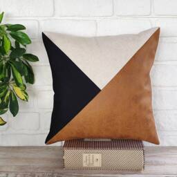 Geometric Faux Leather Pillow Cover Set Black, Beige & Camel - thumbnail 2