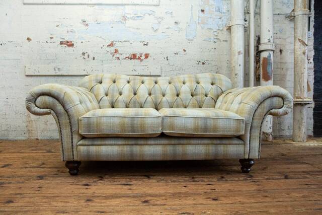 British Handmade 2 Seater Mustard Beige Tartan Wool Chesterfield Sofa - image 1