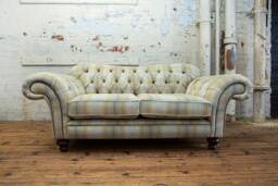 British Handmade 2 Seater Mustard Beige Tartan Wool Chesterfield Sofa - thumbnail 1