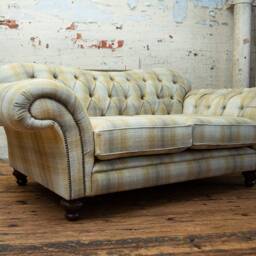 British Handmade 2 Seater Mustard Beige Tartan Wool Chesterfield Sofa - thumbnail 4