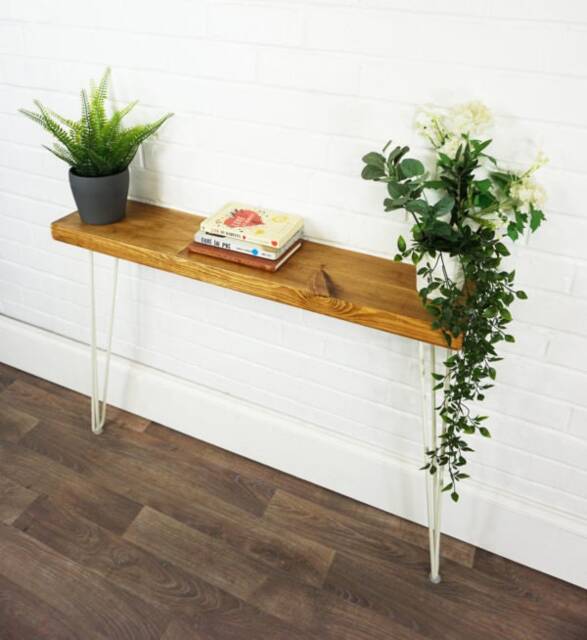 Rustic Console Table With White Hairpin Legs - Reclaimed Treated Timber Style Solid Wood Furniture 19.5cm X 4.4cm - image 1