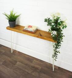 Rustic Console Table With White Hairpin Legs - Reclaimed Treated Timber Style Solid Wood Furniture 19.5cm X 4.4cm - thumbnail 1