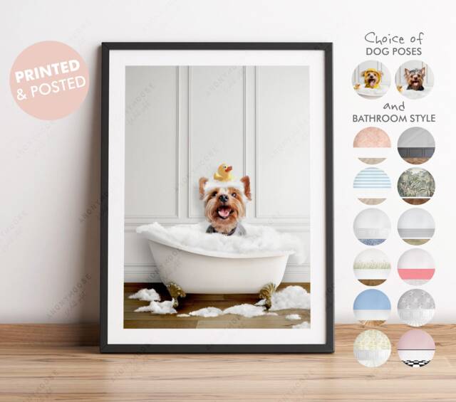 Yorkshire Terrier Dog in A Bath Print, Choose From 3 Poses, Bathing, Funny Bathroom Animal Bathtub, Wall Art - image 1