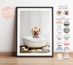 Yorkshire Terrier Dog in A Bath Print, Choose From 3 Poses, Bathing, Funny Bathroom Animal Bathtub, Wall Art - thumbnail 1