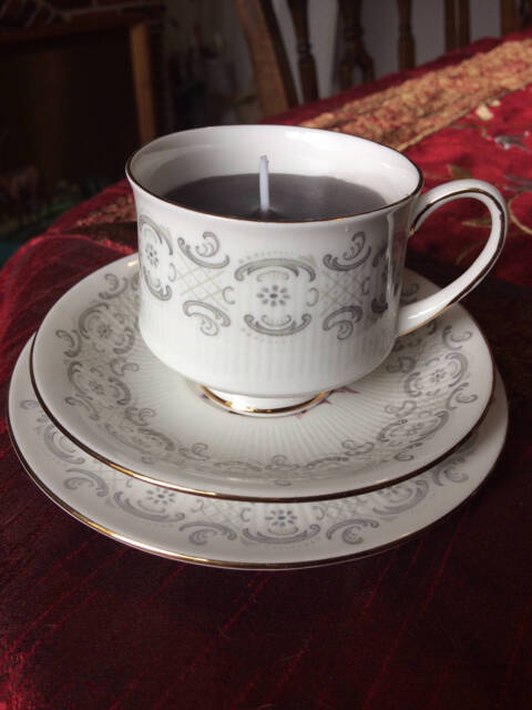 Teacup Candle Trio, Royal Standard Grey Swirl Design, Raised Vertical Rippled Lines. Pink Rose On Saucer & Plate, Birthday Christmas Gift - image 1