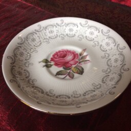 Teacup Candle Trio, Royal Standard Grey Swirl Design, Raised Vertical Rippled Lines. Pink Rose On Saucer & Plate, Birthday Christmas Gift - thumbnail 3