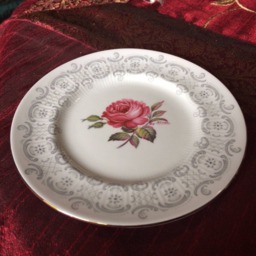 Teacup Candle Trio, Royal Standard Grey Swirl Design, Raised Vertical Rippled Lines. Pink Rose On Saucer & Plate, Birthday Christmas Gift - thumbnail 2