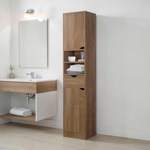 Oak Tall Bathroom Cabinet Modern Freestanding Storage Organizer Cupboard - image 1