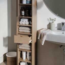 Oak Tall Bathroom Cabinet Modern Freestanding Storage Organizer Cupboard - thumbnail 3
