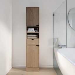 Oak Tall Bathroom Cabinet Modern Freestanding Storage Organizer Cupboard - thumbnail 2