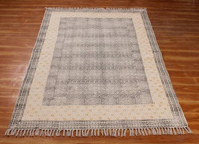 Handmade Block Print Cotton Kilim Rug, Indian Boho Style - image 1