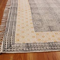 Handmade Block Print Cotton Kilim Rug, Indian Boho Style - thumbnail 3