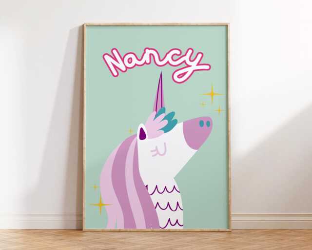 Unicorn Girls Bedroom Print - Girly Decor Posters Pastel Colours Personalised Name Playroom Nursery Magical Pink - image 1