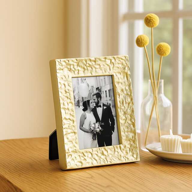 "Gold Textured Aluminium Medium Photo Frame - Tabletop Picture With Glass Front - 4""??6" - image 1