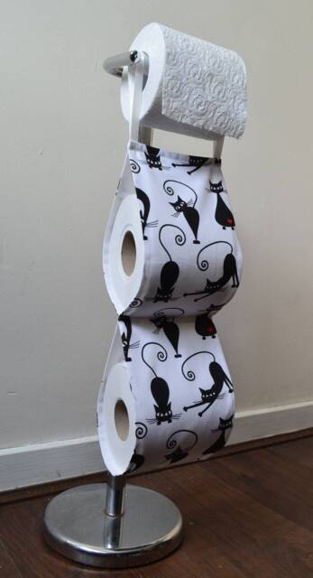 Bath Storage Toilet Paper Holder For 2 - 1 Roll White Fabric With Black Cats/ Storage/Home Decor/ Bath/ Cat/ No Metal Stand - image 1