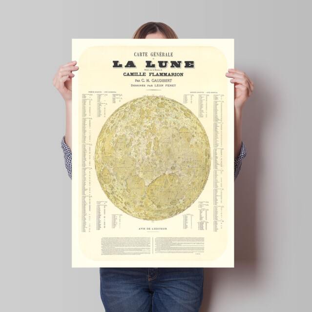 Moon Map Poster- Illustrated Print Showing Craters - Lunar Carte G??n??ral De La Lune Dress?? Sous Direction Camille Flammarion - image 1
