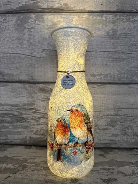 Light Up Robin Vase, With Charm - Decouoage, Gifts, Xmas Robins Appear When Loved Ones Are Near - image 1