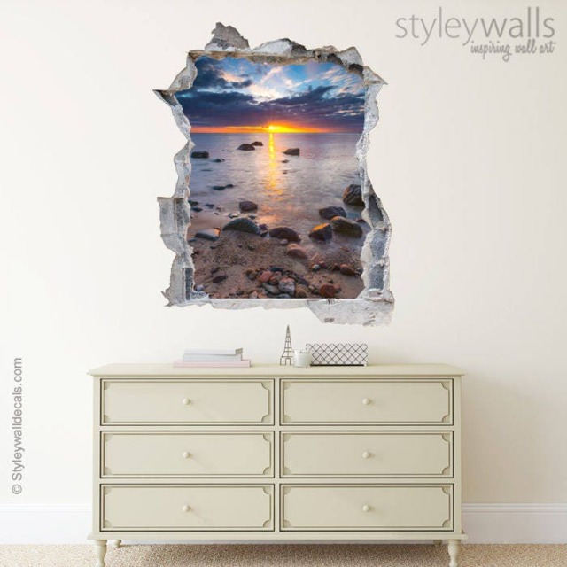 Hole in The Wall 3D Effect Sticker, Sea View Decal, Sunset Mural, Bedroom Living Room Decor