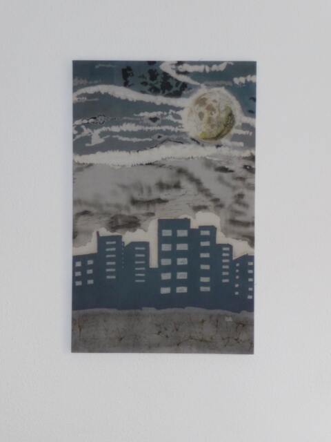 Night Sky Painting, City Skyline Cityscape Wall Art, Cloudy Landscape, Moon Abstract Painting, Modern Art - image 1