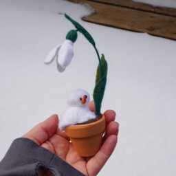 Melted Snowman & Snowdrop Flower in A Tiny Ceramic Pot Needle Felted Art Collectible - thumbnail 3