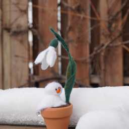 Melted Snowman & Snowdrop Flower in A Tiny Ceramic Pot Needle Felted Art Collectible - thumbnail 2