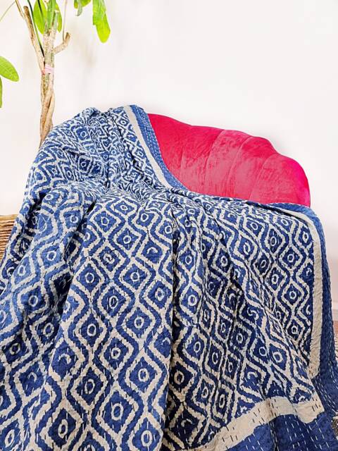 Kantha Stitch Pure Cotton Reversible Bed/Sofa Throw King Size Handmade Dohar - White Indigo Blue Geometric Diamond Wave - image 1