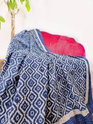 Kantha Stitch Pure Cotton Reversible Bed/Sofa Throw King Size Handmade Dohar - White Indigo Blue Geometric Diamond Wave - thumbnail 1