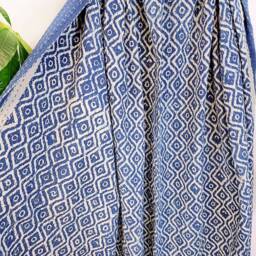 Kantha Stitch Pure Cotton Reversible Bed/Sofa Throw King Size Handmade Dohar - White Indigo Blue Geometric Diamond Wave - thumbnail 2