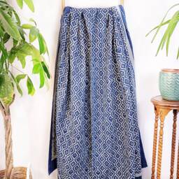 Kantha Stitch Pure Cotton Reversible Bed/Sofa Throw King Size Handmade Dohar - White Indigo Blue Geometric Diamond Wave - thumbnail 3