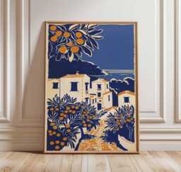 Mediterranean Village Poster, Coastal Wall Art Print, Citrus Grove Landscape Decor, Greek Island Travel Art, Unframed Sunny Artwork - thumbnail 1