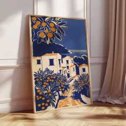 Mediterranean Village Poster, Coastal Wall Art Print, Citrus Grove Landscape Decor, Greek Island Travel Art, Unframed Sunny Artwork - thumbnail 3