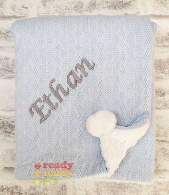 Personalised Newborn Baby Blankets/Wrap - Cable Knit Fabric With Pom Poms 11 Colours Any Name Text Embroidered. Gift - image 1
