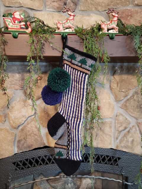 Hand Knit Christmas Stocking Navy Blue Tan Stripes Fir Tree Detail By Santa's Works - image 1