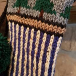 Hand Knit Christmas Stocking Navy Blue Tan Stripes Fir Tree Detail By Santa's Works - thumbnail 3