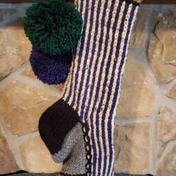 Hand Knit Christmas Stocking Navy Blue Tan Stripes Fir Tree Detail By Santa's Works - thumbnail 2