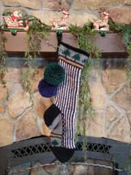 Hand Knit Christmas Stocking Navy Blue Tan Stripes Fir Tree Detail By Santa's Works - thumbnail 1