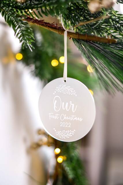 Our First Christmas Together Tree Ornament With Satin Ribbon - Engraved Frosted Acrylic - image 1