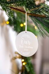 Our First Christmas Together Tree Ornament With Satin Ribbon - Engraved Frosted Acrylic