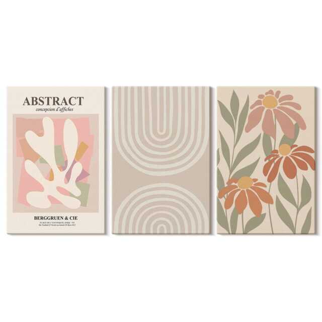 Set Of 3 Canvas Prints - Shapes With Plant Motifs in Pastels, Beige Wall Art Large, Abstract Hanging Piece - image 1