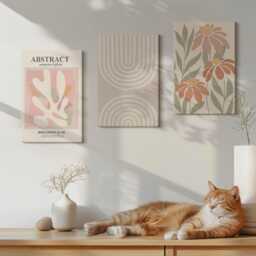 Set Of 3 Canvas Prints - Shapes With Plant Motifs in Pastels, Beige Wall Art Large, Abstract Hanging Piece - thumbnail 2