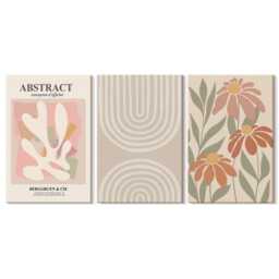 Set Of 3 Canvas Prints - Shapes With Plant Motifs in Pastels, Beige Wall Art Large, Abstract Hanging Piece