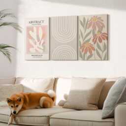 Set Of 3 Canvas Prints - Shapes With Plant Motifs in Pastels, Beige Wall Art Large, Abstract Hanging Piece - thumbnail 3