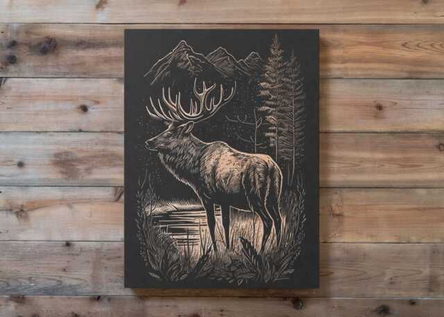 Elk Scene Engraved Birch Wood Panel - Outdoorsy Gift Rustic Home Wall Art, Cabin Decor Personalized Gift, Mountain Forest Illustration - image 1