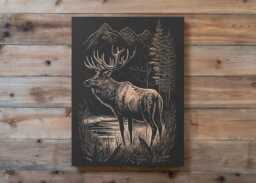 Elk Scene Engraved Birch Wood Panel - Outdoorsy Gift Rustic Home Wall Art, Cabin Decor Personalized Gift, Mountain Forest Illustration - thumbnail 1