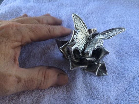Butterfly & Rose Hand Cast in Lead Free American Fine Pewter Tucson, Arizona, Sculpted By Don Norris. Has Ring To Hang - image 1