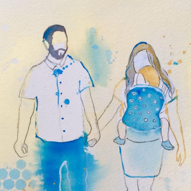 Family Watercolor Art Print Baby in Sling, Nursery Decor - image 1