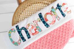 Monogrammed Baby Blanket in Acanthus, Coral Dot Minky & White Chenille, Personalized With Your Girl's First Name Floral - Custom - thumbnail 1