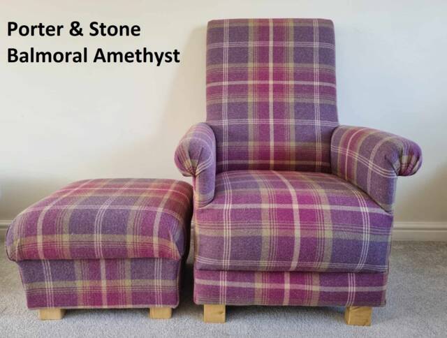 Tartan Check Armchair & Footstool Porter Stone Balmoral Fabric Chair Scottish Ochre Grey Red Blue Accent Gingham Nursery Nursing - image 1