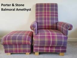 Tartan Check Armchair & Footstool Porter Stone Balmoral Fabric Chair Scottish Ochre Grey Red Blue Accent Gingham Nursery Nursing