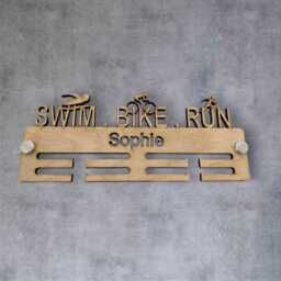Swim, Bike, Run Medal Hangers - Wood Colours, Rope Or Standoffs, Custom Name & Size - thumbnail 2